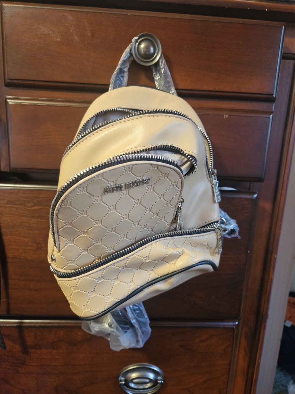 Steve Madden Beige Quilted Mini Backpack for Women - Compact Everyday Bag